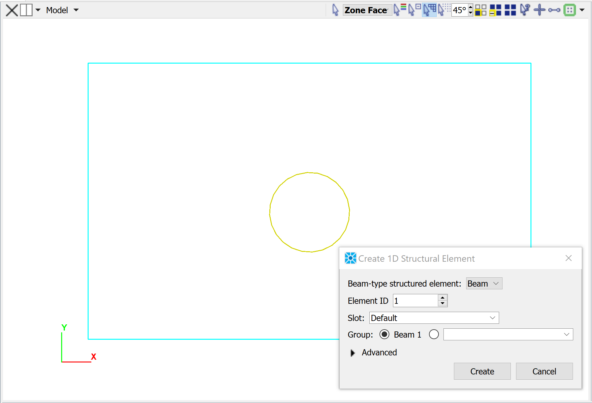 Adding a beam in the FLAC2D Model Pane