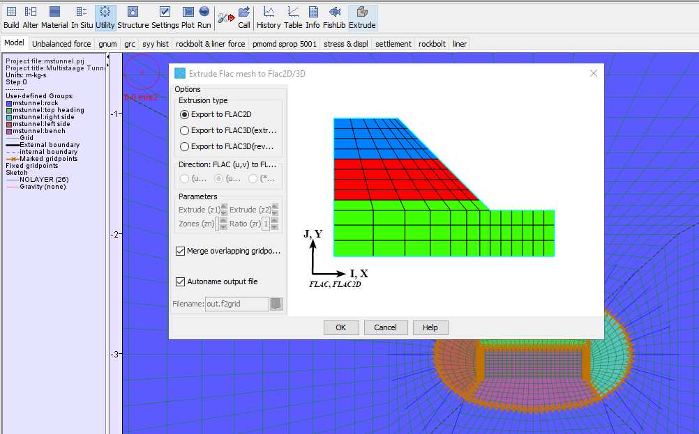 FLAC model showing i,j coordinates of zones